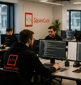SquareCode developers collaborating in the office