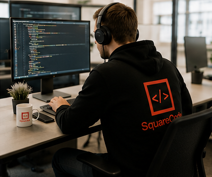 SquareCode developer working at a desk with branded hoodie and code on screen