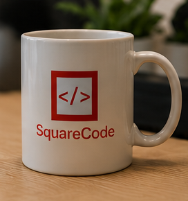 SquareCode branded coffee mug on an office desk