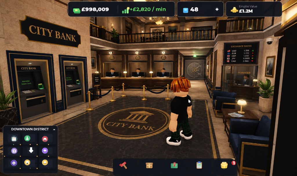 City Bank lobby with ATMs, tellers, a vault and exchange rates